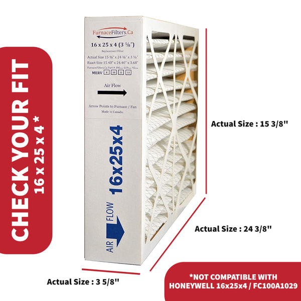 16x25x4 MERV 11 Pleated Furnace Air Filters. Actual Size 15 1/2