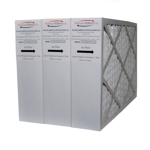 CARRIER / BRYANT / PAYNE Aftermarket Part # FILCCCAR0016 / FILBBCAR0016 / FILXXCAR0016. Size 16 x 25 x 4 5/16. MERV 10. Case of 3