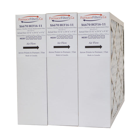 X6670 MERV 13 Lennox 16x25x5 Furnace Filter. Actual Size 15 3/4" x 24 3/4" x 4 3/8." Package of 3