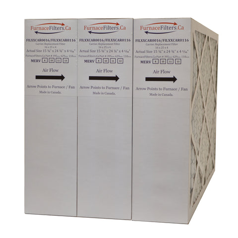 CARRIER / BRYANT / PAYNE Aftermarket Part # FILCCCAR0016 / FILBBCAR0016 / FILXXCAR0016. Size 16 x 25 x 4 5/16" MERV 8. Case of 3