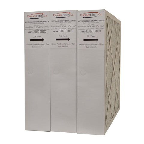 CARRIER / BRYANT / PAYNE Aftermarket Part # FILCCCAR0020 / FILBBCAR0020 / FILXXCAR0020. Size 20 x 25 x 4 5/16" MERV 10. Case of 3