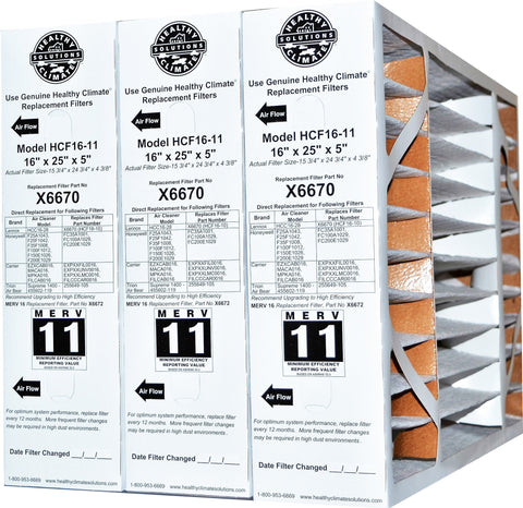 Lennox X6670 MERV 11, 16x25x5 Genuine Original Furnace Filter for HCF16-11. Actual Size is 15 3/4" x 24 3/4"x 4 3/8". Package of 3